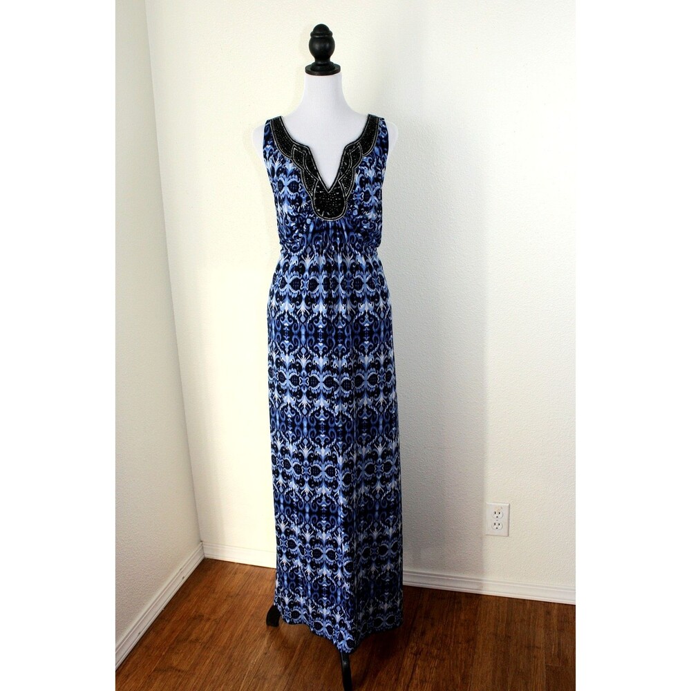 CB Established 1962 Tank Dress Sz. 18 Maxi White Blue Tribal Party Cocktail #03